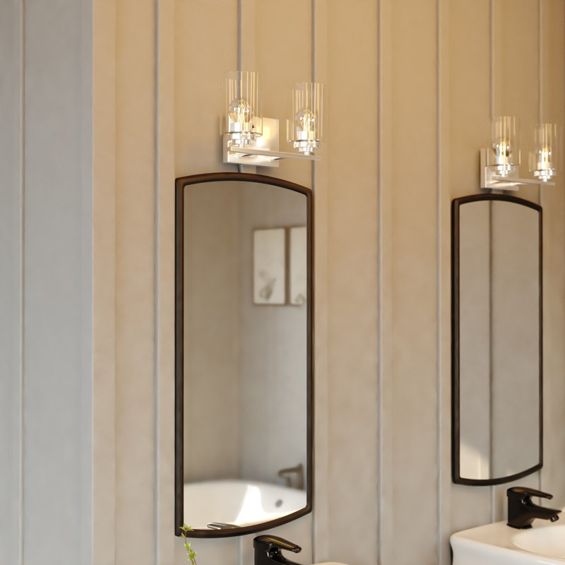 Hitchin Transitional Bathroom Vanity Lighting Fixture, Clear Glass Cylinder Shade, Dimmable, LED Compatible, Reversible Over The Mirror Mounted Steel Wall Sconce