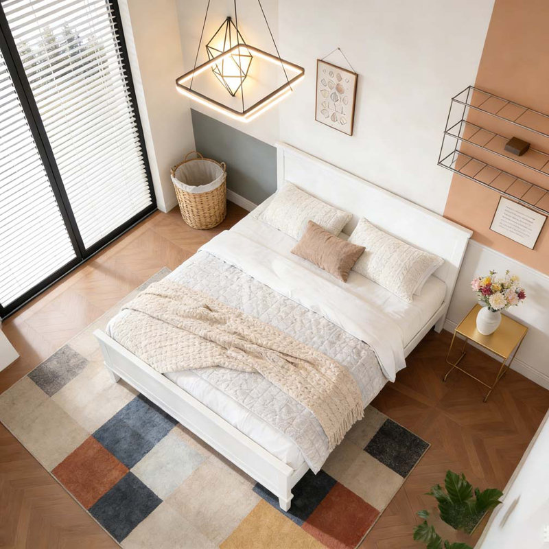 Lit plateforme en bois avec tête de lit et support à lattes de bois, aucun sommier requis, Blanc, Très grand lit
