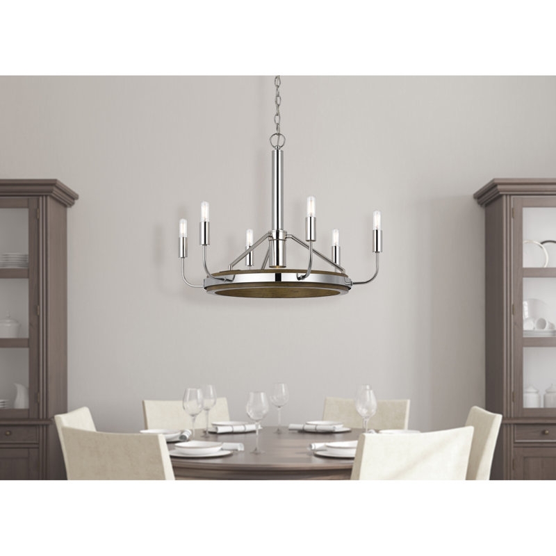 Lustre en métal chromé et chêne 6 lumières Saluda
