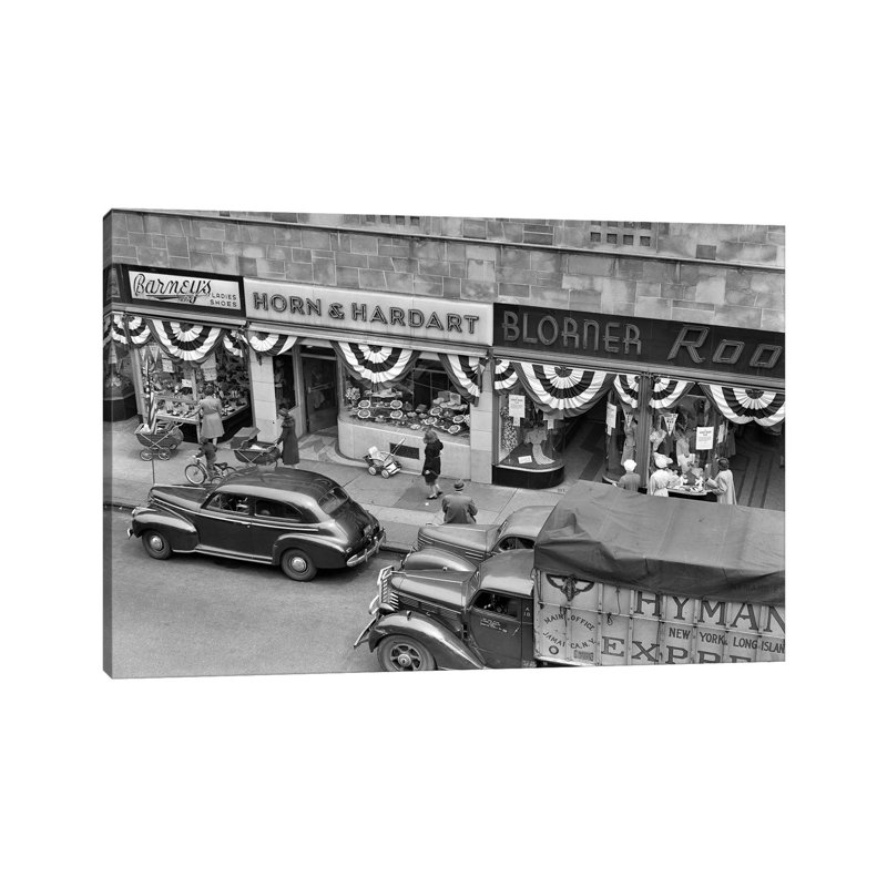 1940s Store Fronts Decorated With Parade Bunting Main Street - Wrapped Canvas Print, 20.32 cm H x 30.48 cm W