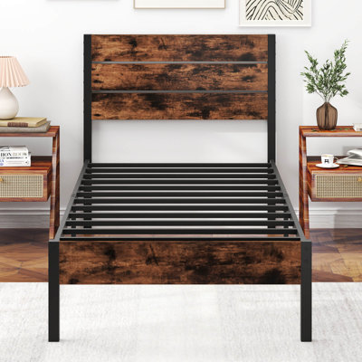 Twin Bed Frame With Tall Industrial Headboard Heavy-duty Metal Slats Support Brown by 17 Stories