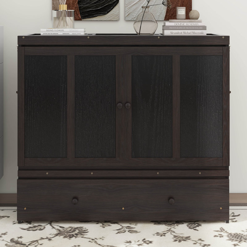 Hynes Murphy Bed, Solid Wood Murphy Bed Frame With USB Port And A Large Drawer, Espresso, Full
