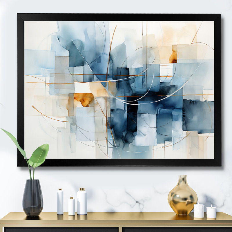 Bleu gris, dessin au trait abstrait géométrique II - art mural, H 16 po x l 32 po x P 1 po, Cadre simple noir