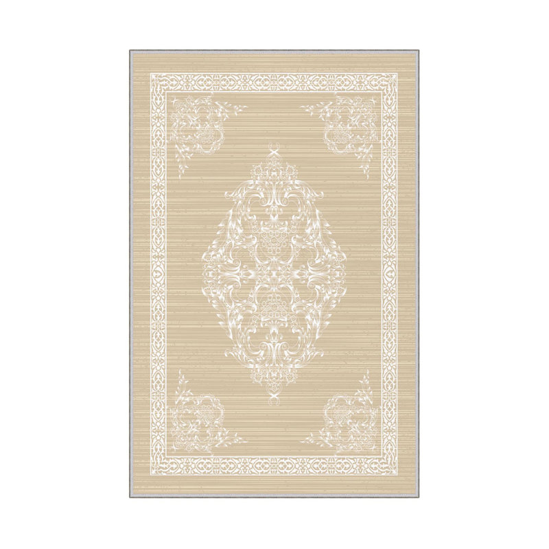 Tapis oriental en polyester beige / blanc Gonzalez, Tapis de couloir 2 pi 7 po x 9 pi 10 po