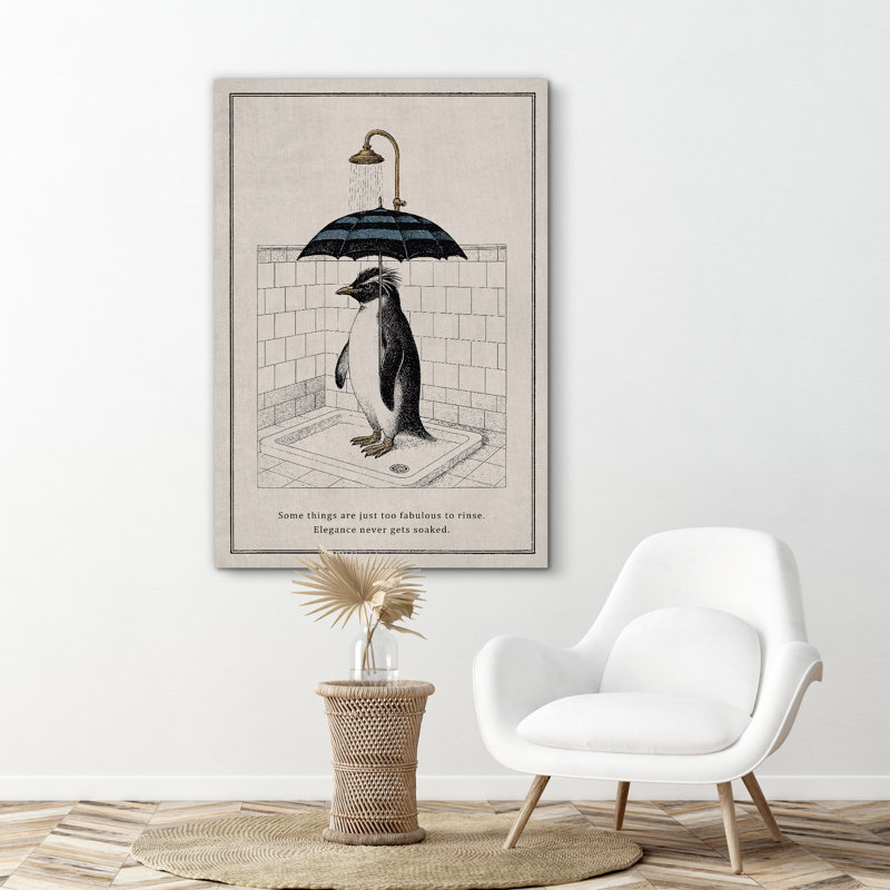 Art mural pingouin avec parapluie, reproduction d'art amusante pour salle de bain moderne ou décoration originale