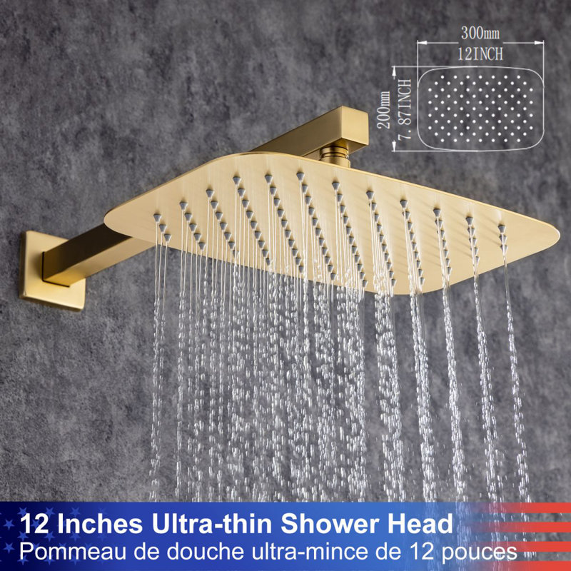 Single-Handle 3-Spray Square High Pressure Shower Faucet with Spout 12 in. Shower Head (Valve Included), Brushed Gold