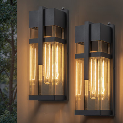 Black Dusk To Dawn Outdoor Wall Lantern With Mirror Reflector And Clear Tempered Glass(2-pack)