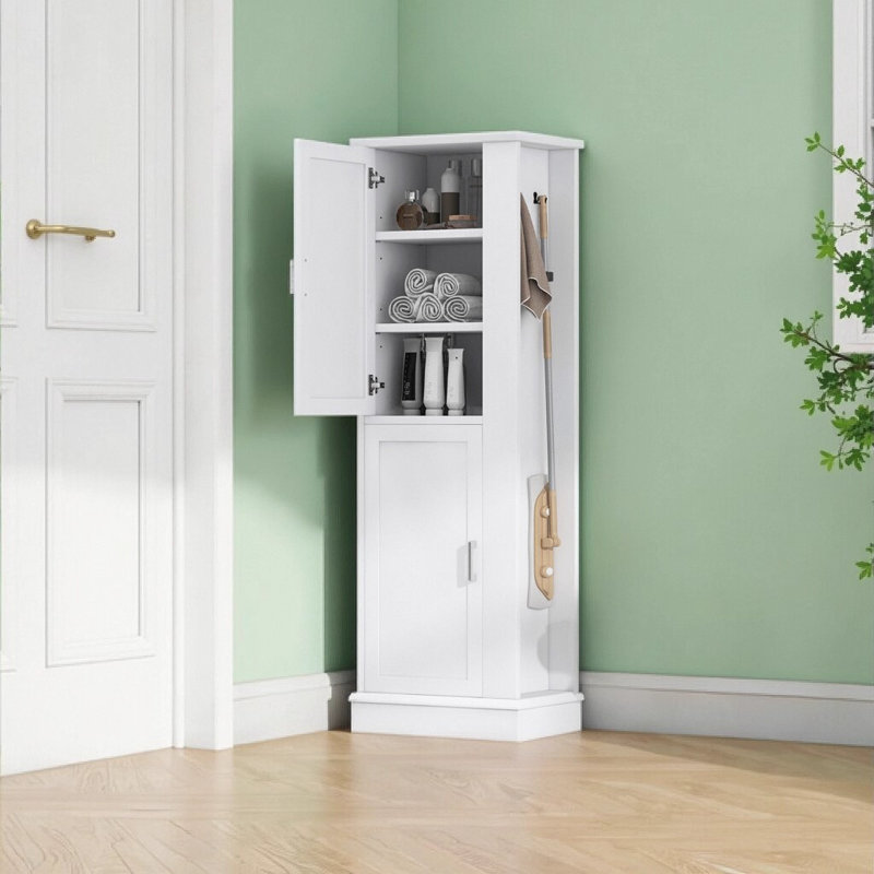 Tall Bathroom Storage Cabinet, Freestanding with Hook and Adjustable Shelf, White MDF Board, White