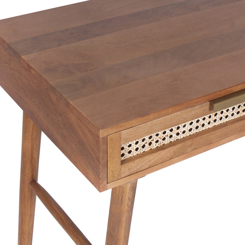 Natural Acacia Wood Desk with Cane Drawers and Built-in Power Outlet
