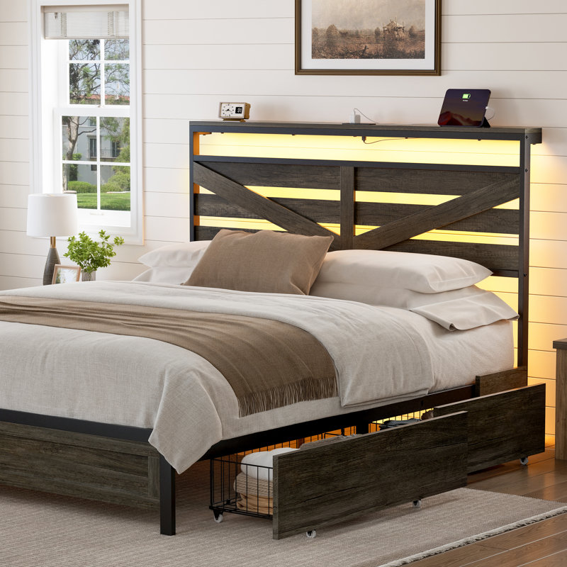 Antioch Bed Frame with 4 Drawers & Storage Headboard, Stable Bed with LED Light & Charging Station, No Box Spring Needed