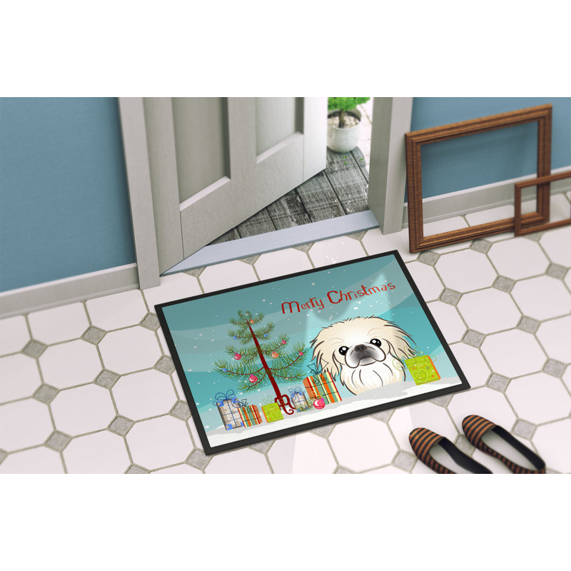 Paillasson d’extérieur antidérapant en forme d’arbre de Noël et Pekingese, Rectangle 2 pi x 3 pi