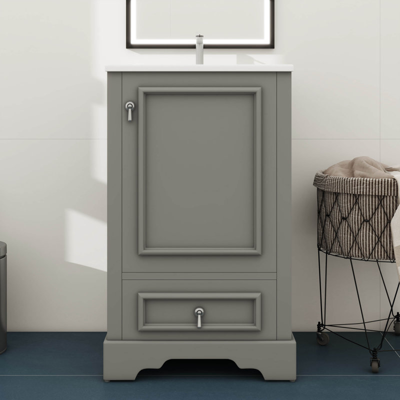 Meuble-lavabo de 20 po avec lavabo simple intégré, tablette ajustable en U, tiroir à compartiments et support de rangement fixé à la porte