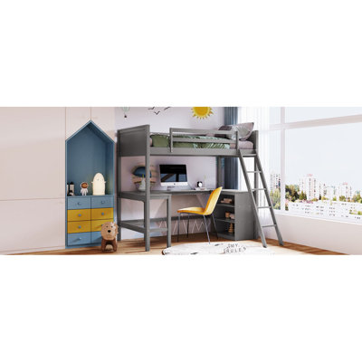 Lit mezzanine simple avec tablettes et bureau, lit mezzanine en bois avec bureau - Gris (OLD SKU: LT001537AAE)