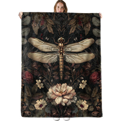 Couverture Libellule Vintage à Motifs Floraux et Botaniques, en Flanelle, idéale pour les amoureux des libellules. Décoration florale botanique vintage, jeté léger et doux pour canapé, fauteuil ou voyage, 152 x 203 cm.