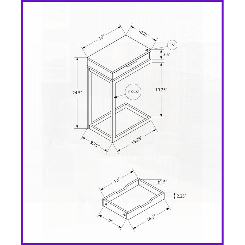 Table basse en forme de C avec tiroir de rangement, stratifié blanc et amp; Métal pour la vie Chambre à coucher