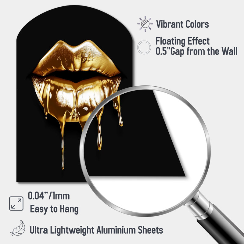 Gold Lips Of Luxury V - Arch Fashion Metal Wall Art, Asymmetrical Metal Wall Sculpture Print, 43" H x 33" W x 1" D