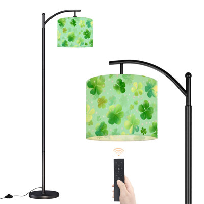  Arc Floor Lamp Seamless Green Clover Four Leaf Shamrocks Sparkling Accents Tall Modern Standing Lamp LED Adjustable Linen Lampshade 3 Color Temperatures