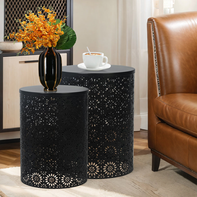 Set Of 2 Hollow-Carved Round Metal End Tables, Black