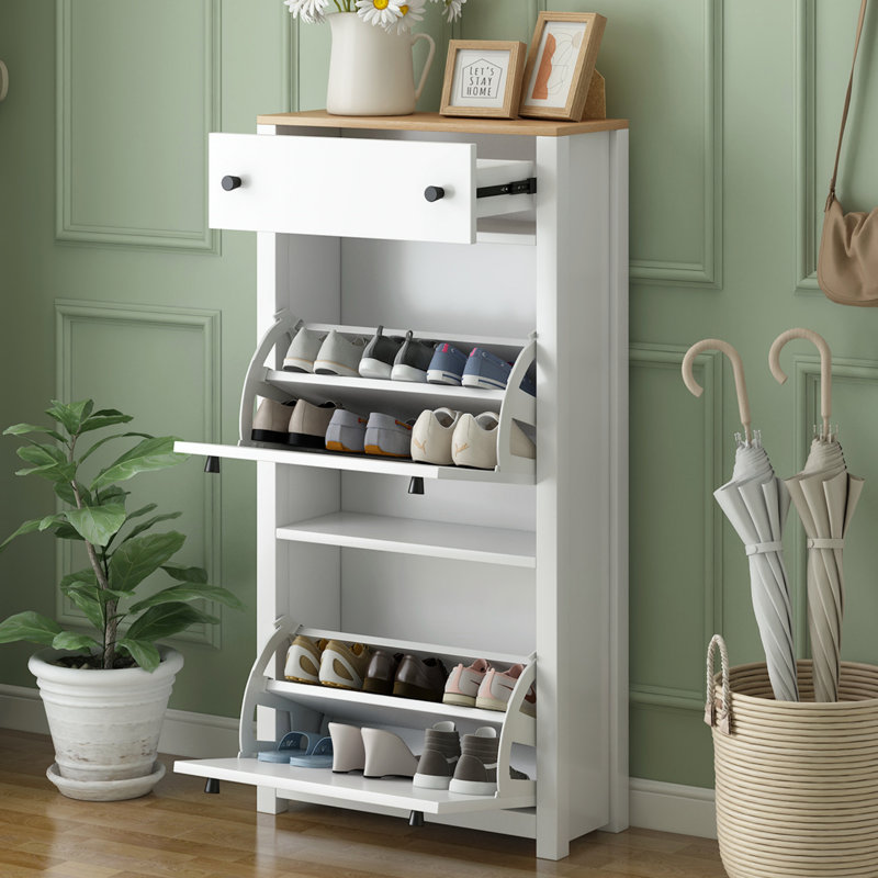 Rangement fonctionnel pour hall d'entrée avec 2 tiroirs rabattables, armoire à chaussures à motif grain de bois avec tiroir, range-chaussures autoportant avec panneau réglable