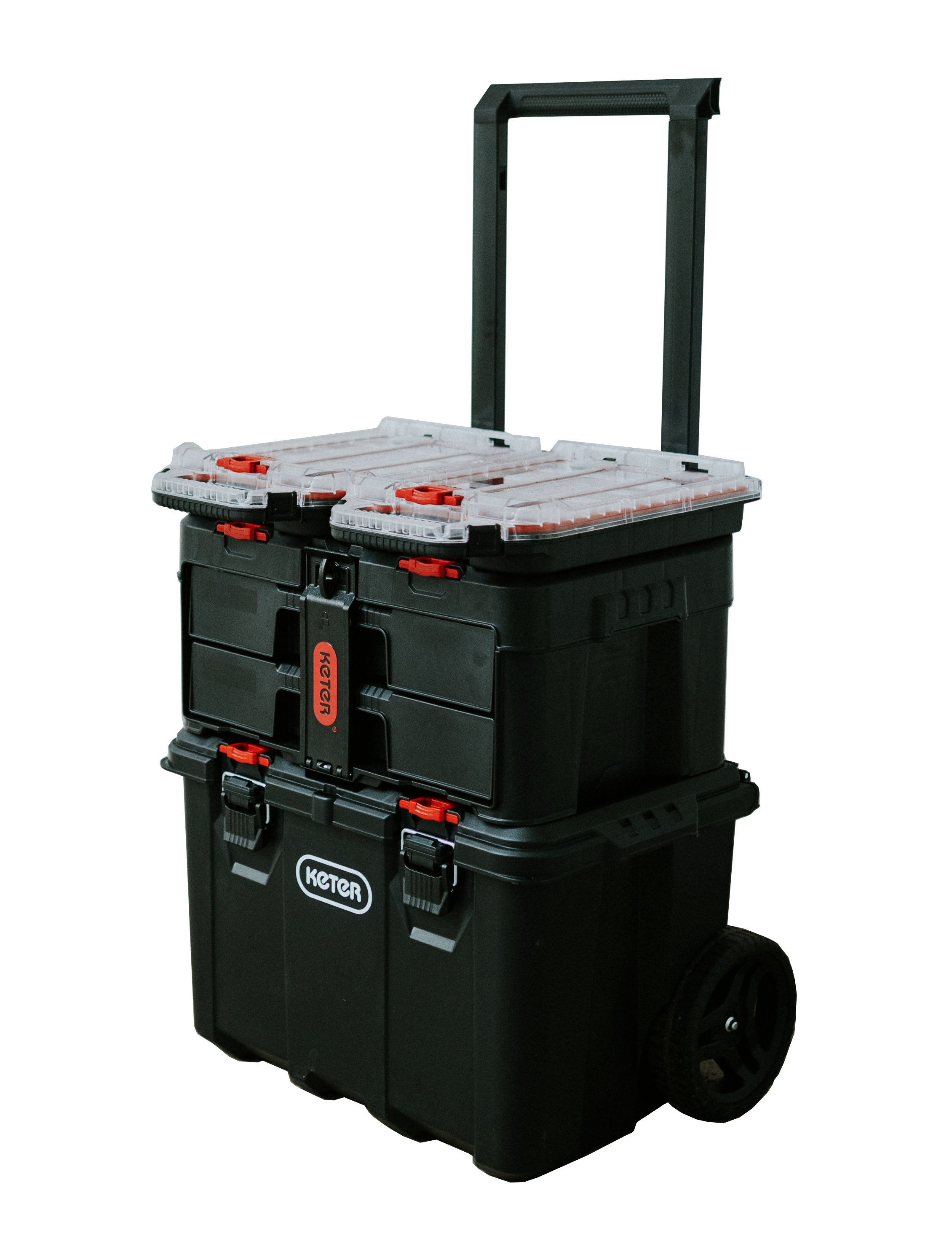 KETER STACK N ROLL 4-PIECE ROLLING TOOL STORAGE SYSTEM Large Rolling Tool Box, 2-Drawer Tool Box, 2 Tray Organizers