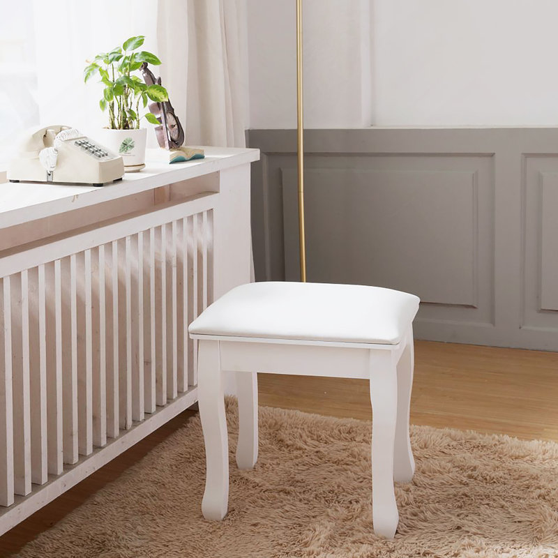 White Vanity Stool Padded Makeup Chair Bench With Solid Wood Legs