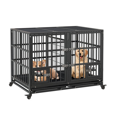 Dog Crate with Removable Divider, Heavy Duty Metal Dog Kennel with Dual Front Doors & Top Access, Lockable Wheels, Feeding Bowls, Slide Out Tray, Dog Cage House