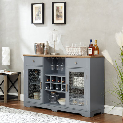 Modern Farmhouse Buffet Cabinet, Sideboard With 2 Drawers And Elegant Glass Door Cabinets, Wine And Glass Rack, Coffee Bar For Kitchen, Dining Room