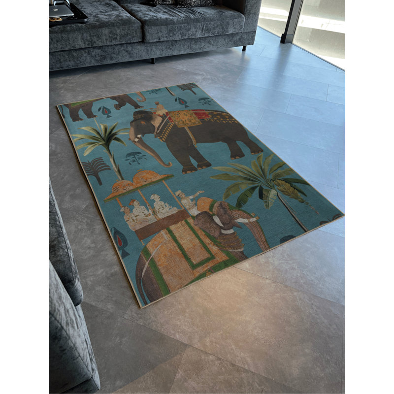 Tapis décoratif moderne à motif d'éléphant à motif turquoise, Rectangle 4 pi 7 po x 6 pi 6 po