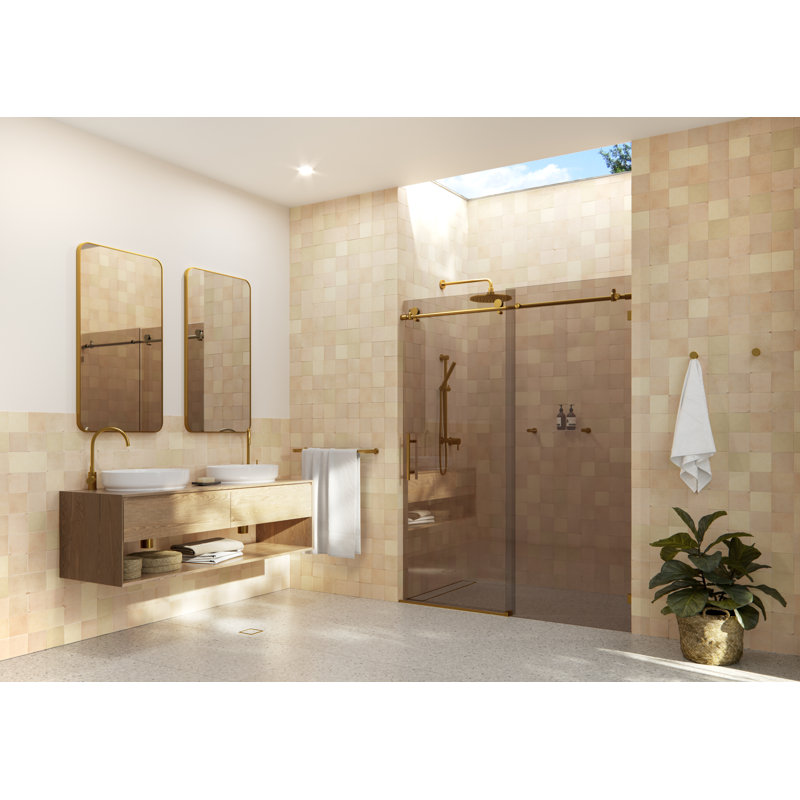 Equinox 56 - 60 in. x 78 in. Fully Frameless Tinted Sliding Shower Door, Satin Brass