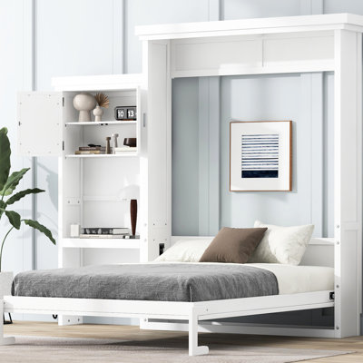 Grand lit, tablettes à persiennes blanches, conception durable en pin et peu encombrant