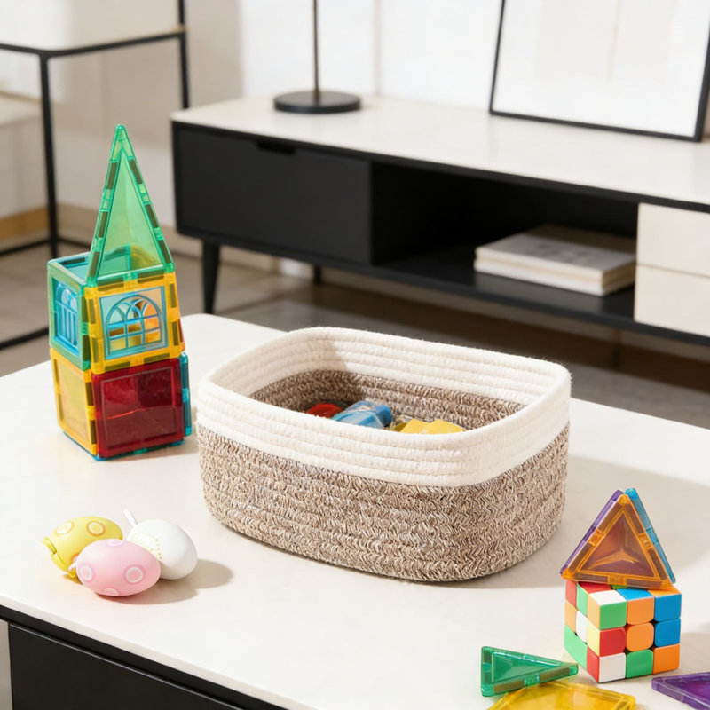 Ensemble de 4 paniers de rangement tissés à la main, organisateurs de corde en coton tissé à la main pour étagères, placard, bureau et rangement de jouets, paniers rectangulaires décoratifs pour l'organisation à domicile