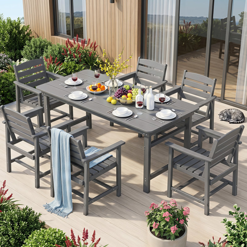  Ensemble de salle à manger rectangulaire pour 6 personnes avec 6 chaises, ensemble de table de salle à manger en PEHD, Gris