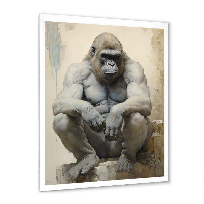 «Thoughtful Gorilla» sur impression sur toile, Cadre simple blanc, H 32 po x l 24 po x P 1 po