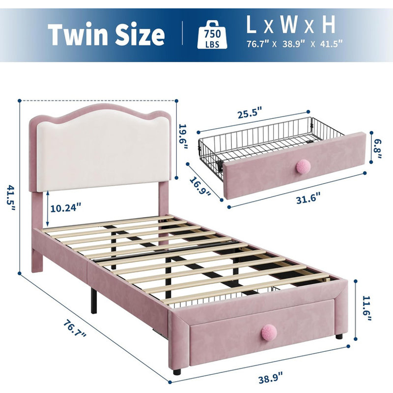 Upholstered Twin Bed Frame with Storage Drawer & Scallop Headboard, Princess Twin Size Platform Bed Frames for Kids Girls, Wooden Slats Support, No Box Spring Needed