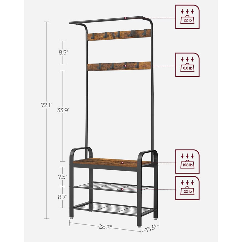 Coat Rack, Hall Tree With Shoe Bench For Entryway, Entryway Bench With Coat Rack, 4-In-1, With 9 Removable Hooks