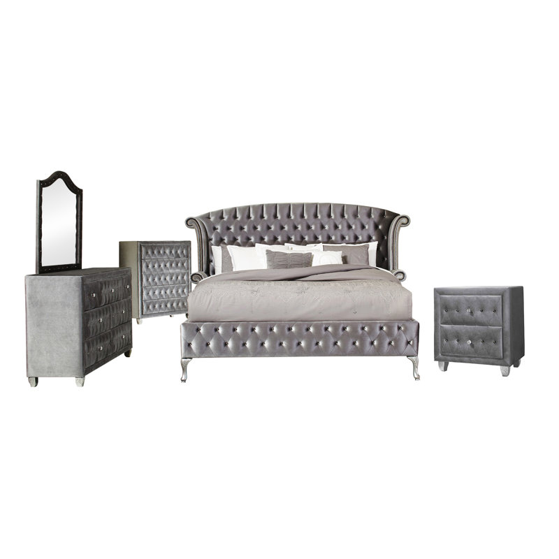 Ensemble de chambre à coucher rembourrée 5 pièces Mikrut, Gris, Grand