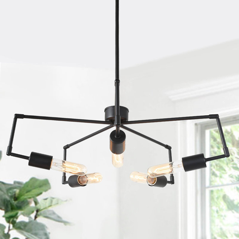 Lustre noir moderne industriel à 5 lumières avec bras de lampe réglables - îlot de cuisine, salle à manger et plafonnier semi-encastré
