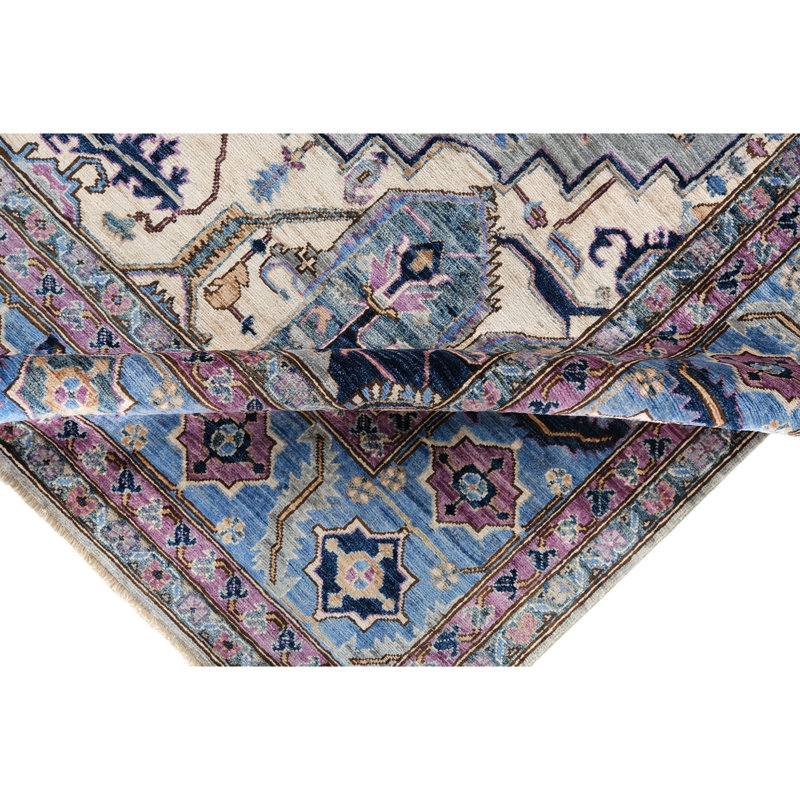Tapis beige et bleu noué à la main de haute qualité