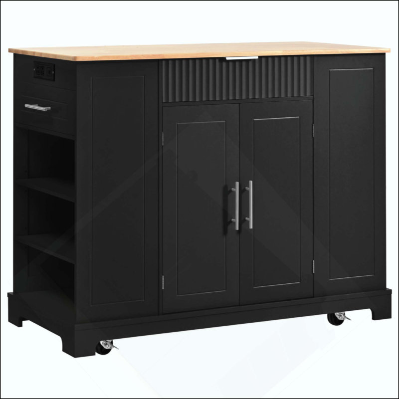 Kitchen Island With Trash Can Storage Cabinet, Power Outlet, Internal Storage Rack, Rolling Kitchen Islands On 5 Wheels With 3 Drawer, 3 Open Side Racks For 10 Gallon Garbage Bin