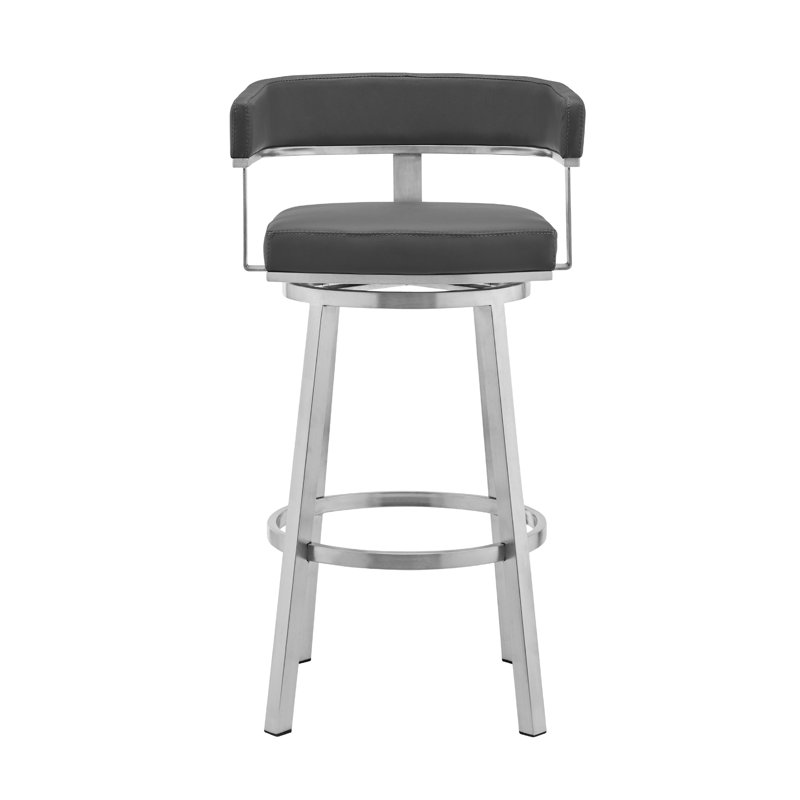 Kellum Swivel Counter and Bar Height Barstool with Arms in Faux Leather Upholstery and Metal Legs, Gray