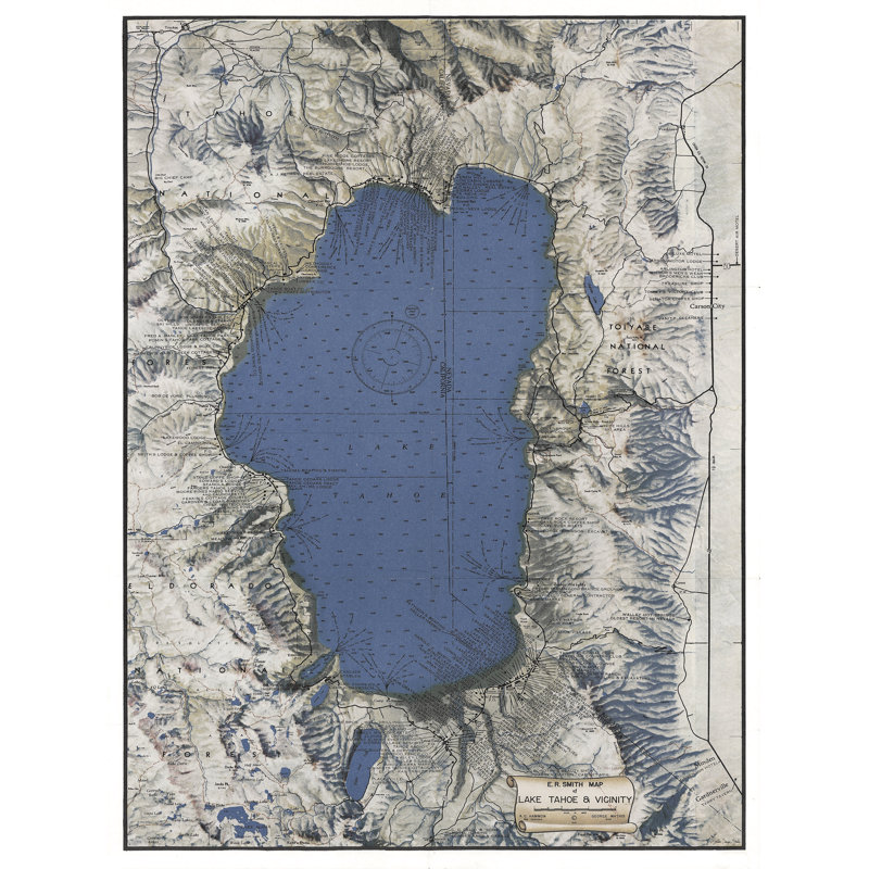 Carte du lac Tahoe, H 36 po x l 24 po x P 1,25 po