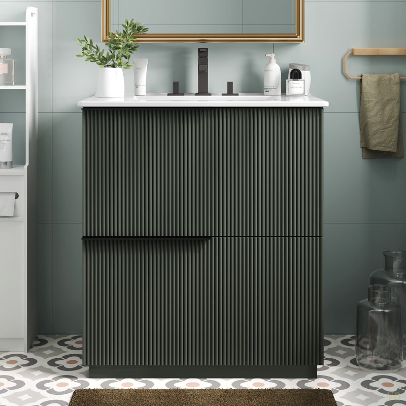 Meuble-lavabo de 30 po avec lavabo en céramique et tiroirs pleine extension, glissières de tiroir à fermeture en douceur, conception cannelée