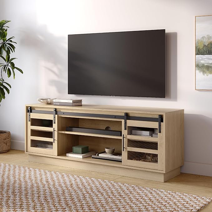 58" Modern Barn Door TV Stand, Oak Wood