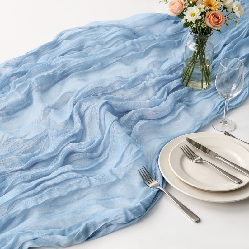 Boho Romantic Cheesecloth Gauze Crinkle Table Runner, Dusty Blue