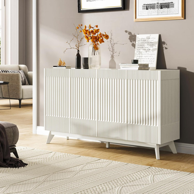 Modern Fluted Sideboard with Solid Legs, Multi-Functional Storage Cabinet for Dining Room, Living Room, or Entryway, White