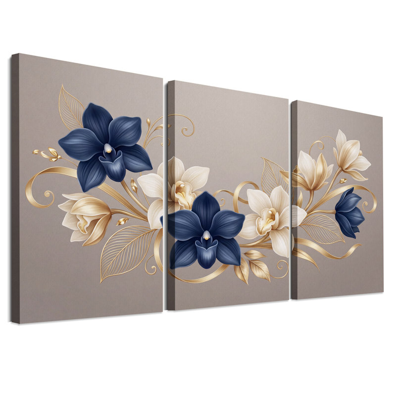 Ensemble de 3 toiles orchidées bleu marine et crème avec feuilles dorées, H 36 po x l 24 po x 3 pièces