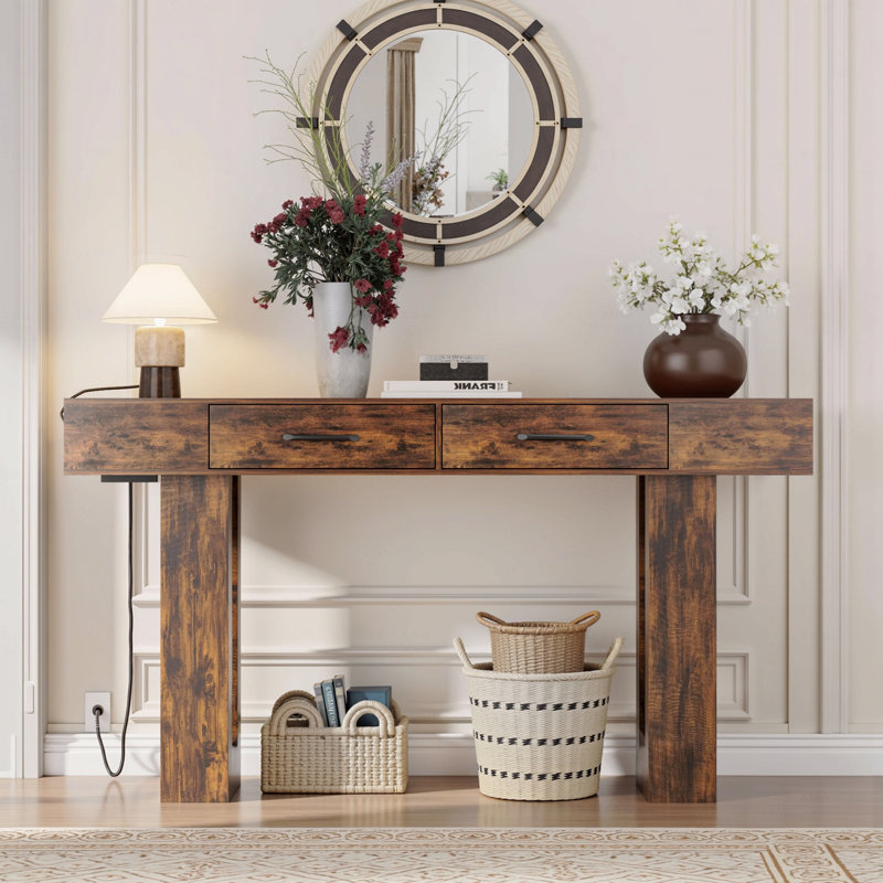 Console de 63 po de long, canapé rectangulaire en bois derrière le canapé, table d'entrée de style campagnard pour l'entrée, couloir, salon
