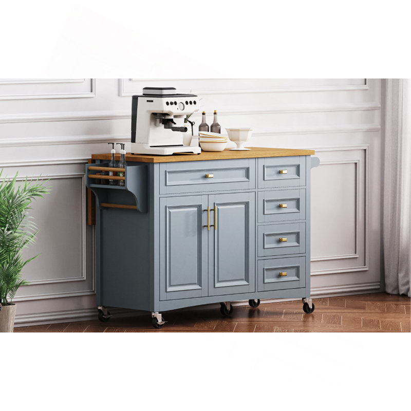 Îlot de cuisine de 52 po avec abattant, îlot de cuisine à texture en relief sur roulettes avec support à épices, porte-serviettes, 2 portes et 5 tiroirs, chariot de rangement de cuisine avec tablette réglable pour la cuisine