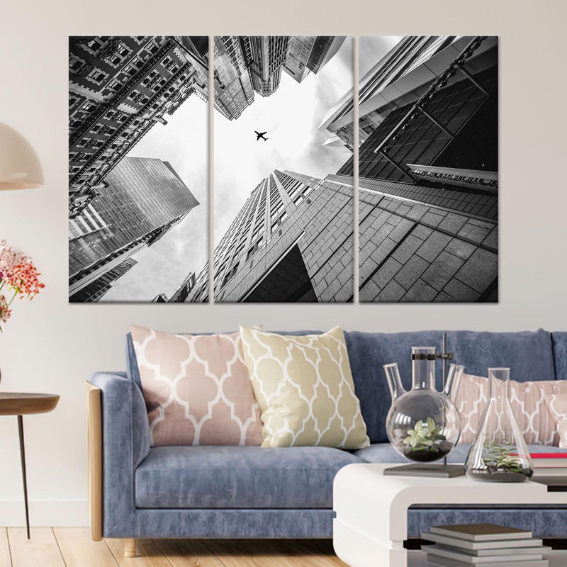 Toile imprimée: gratte-ciel noir et blanc, art urbain urbain, toile tendue 3P, H : 47,2 x L : 59,1 pouces