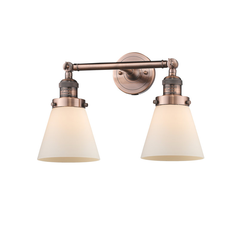 Cone 2 Light Tiltable Bath Vanity Light, Antique Copper, 11" H x 18" W, Matte White Cased